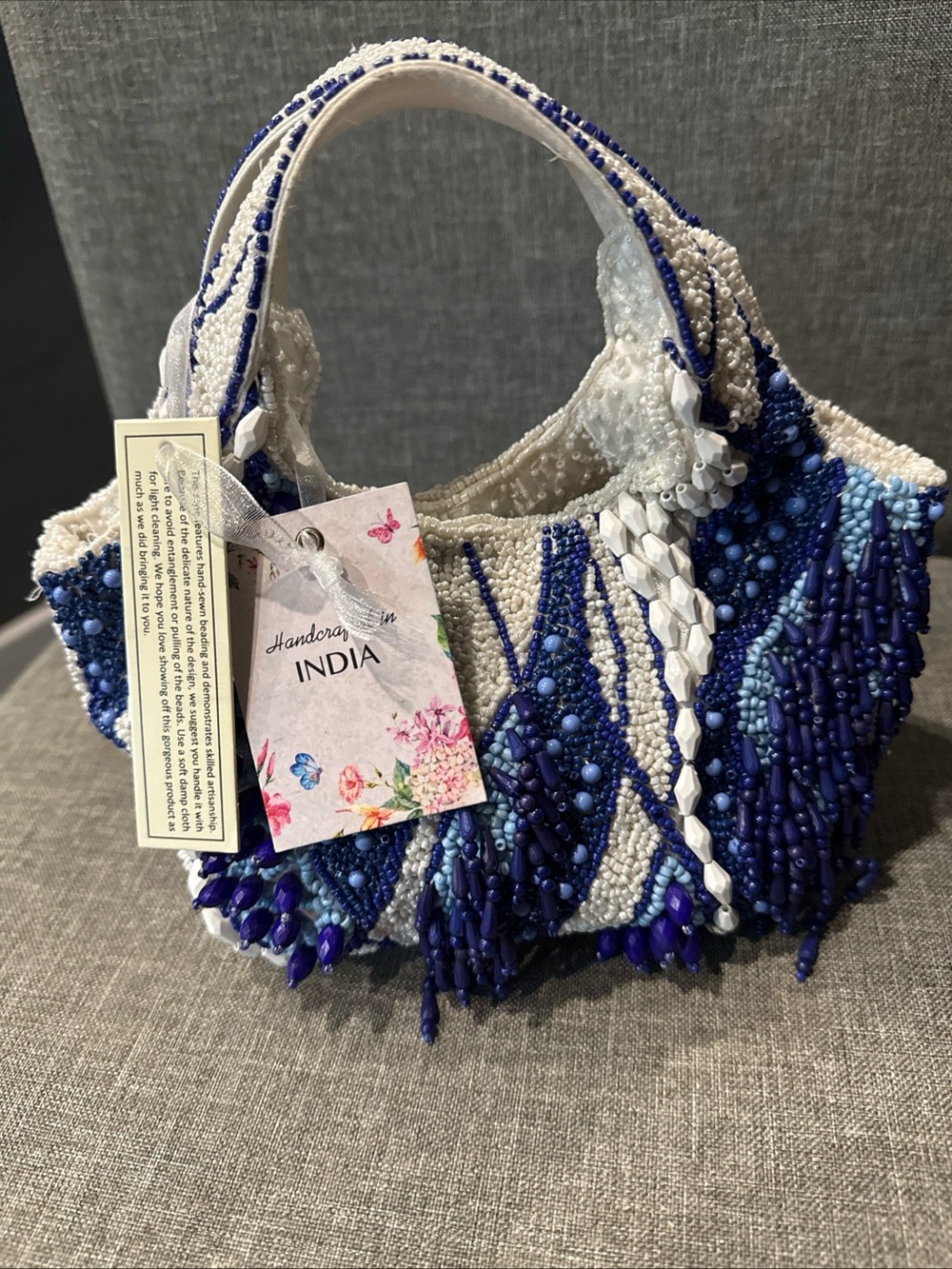Viral TikTok Blue and White Beaded Fringe Bag | Handcrafted Statement Purse